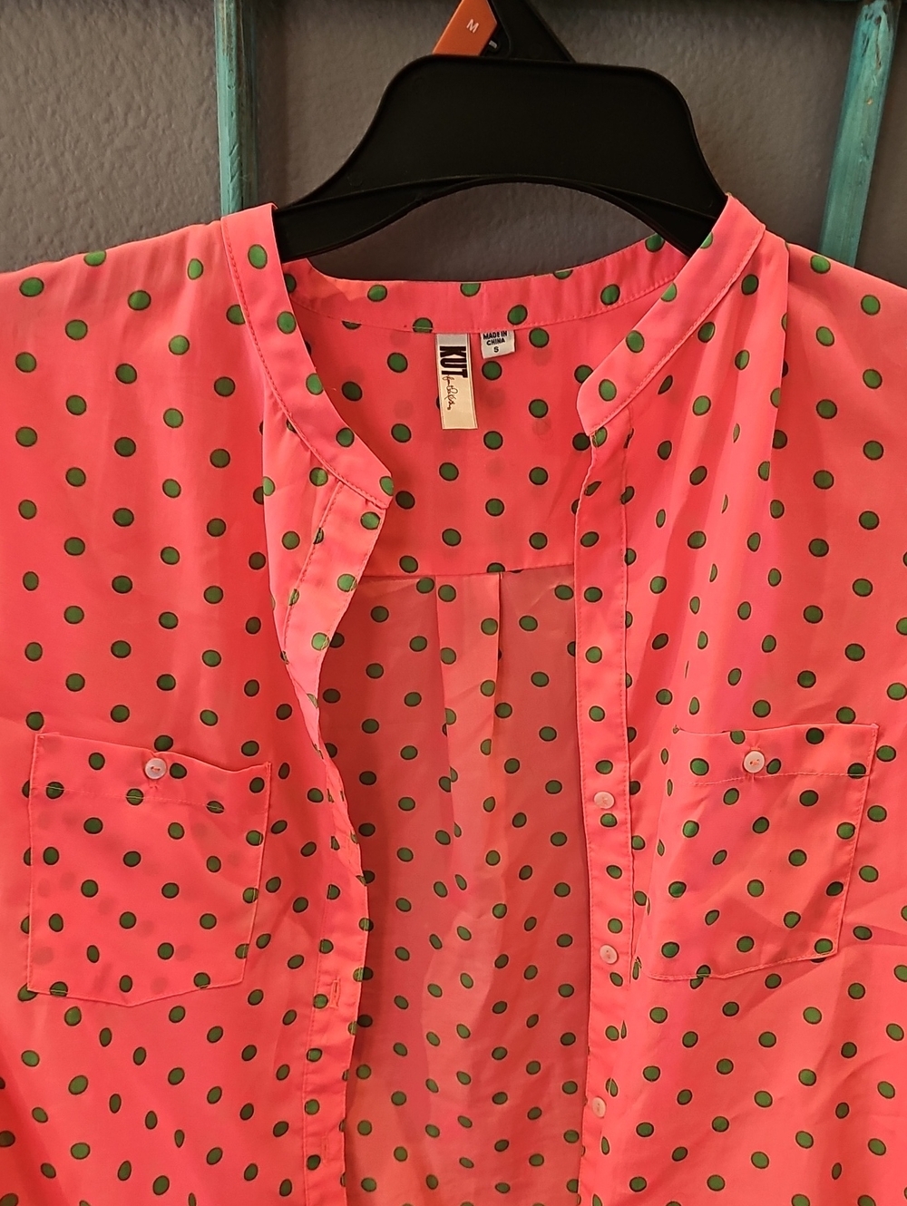Kut from the Kloth Coral Pink Blouse with Green Polka Dots